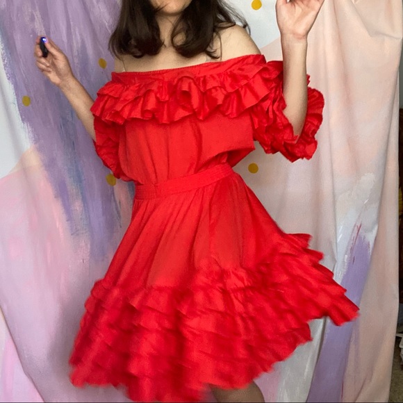 VINTAGE Red Ruffle Square-dancing 2 Piece Set - Picture 2 of 9